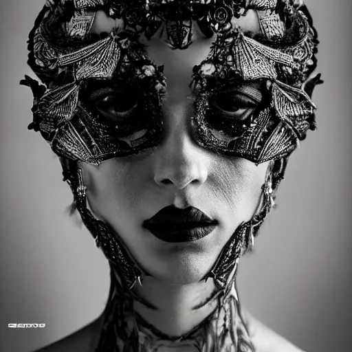 Prompt: a portrait of female model by stefan geselle and nekro borja, photorealistic, intricate details, hyper realistic, ornate headpiece, dark beauty, photorealistic, canon r 3, wide shot, photography, dark beauty, symmetrical features, wide angle shot