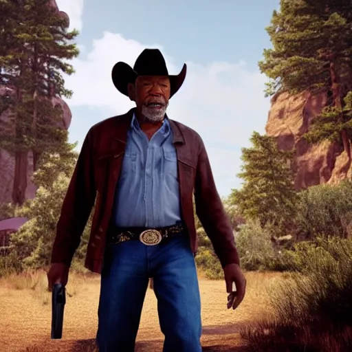 Image similar to an film still of morgan freeman as cowboy with beard, western background, unreal engine