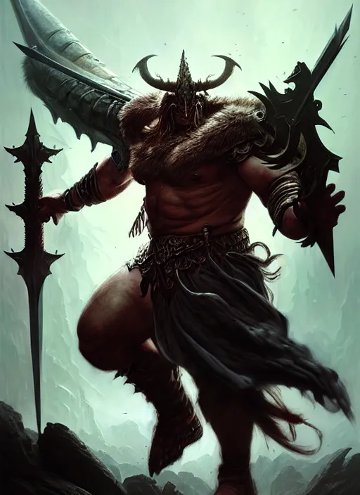 Image similar to a barbarian male horned darkin with a huge sword and wings, dim light, front game card, marvel comics, dark, intricate, highly detailed, smooth, artstation, digital illustration by ruan jia and mandy jurgens and artgerm and wayne barlowe and greg rutkowski and zdislav beksinski