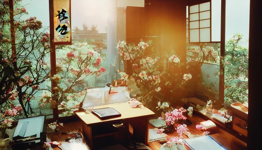 Image similar to 1 9 9 0 s candid 3 5 mm photo of a beautiful day in the a dreamy japanese flowery cottage designed by gucci, cinematic lighting, cinematic look, golden hour, a desk for flower arrangements and journaling has sun shinning on it through a window, temple in the distance, photographed by petra collins, uhd