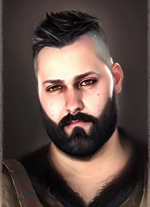 Image similar to a _ fantasy _ style _ portrait _ painting _ of white male short black hair chubby disconnected beard, rpg dnd oil _ painting _ unreal _ 5 _ daz. _ rpg _ portrait _ extremely _ detailed _ artgerm _ greg _ rutkowski _ greg