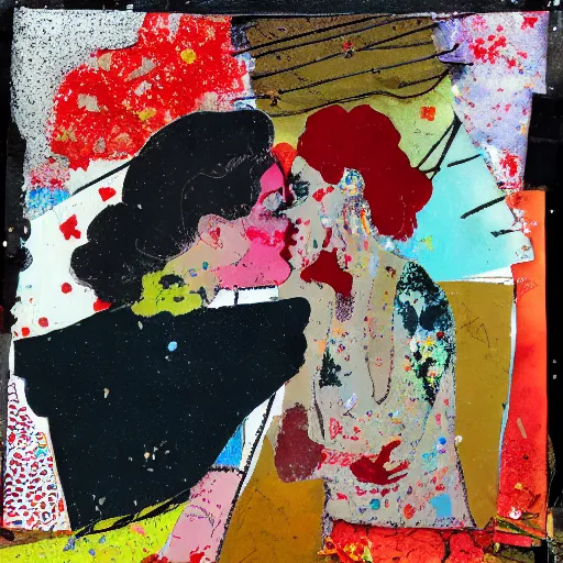 Image similar to two women kissing at a carnival, mixed media collage, retro, paper collage, magazine collage, acrylic paint splatters, bauhaus, layered paper art, sapphic visual poetry expressing the utmost of desires by jackson pollock