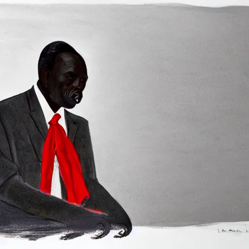 Prompt: a fatherly, aquiline nose, wide forehead, round face, XXL , loving, caring, generous, ever-present, humble, wise elder from Kenya with a friendly expression in a grey suit and red tie painted by Kara Walker . Fatherly/daddy, focused, loving, leader, relaxed,. ethereal lights, details, smooth, sharp focus, illustration, realistic, cinematic, artstation, award winning, rgb , unreal engine, octane render, cinematic light, macro, depth of field, blur, red light and clouds from the back, highly detailed epic cinematic concept art CG render made in Maya, Blender and Photoshop, octane render, excellent composition, dynamic dramatic cinematic lighting, aesthetic, very inspirational, arthouse.