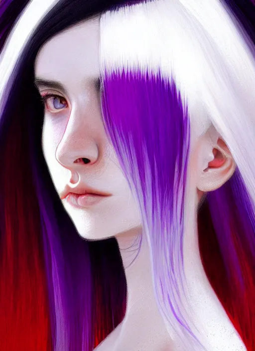 Image similar to hair whitebangs hair, black hair, whitebangs, portrait of teenage girl with white bangs, red irises, purple clothes, white bangs, bangs are different color from hair, intricate, elegant, glowing lights, highly detailed, digital painting, artstation, concept art, smooth, sharp focus, illustration, art by wlop, mars ravelo and greg rutkowski