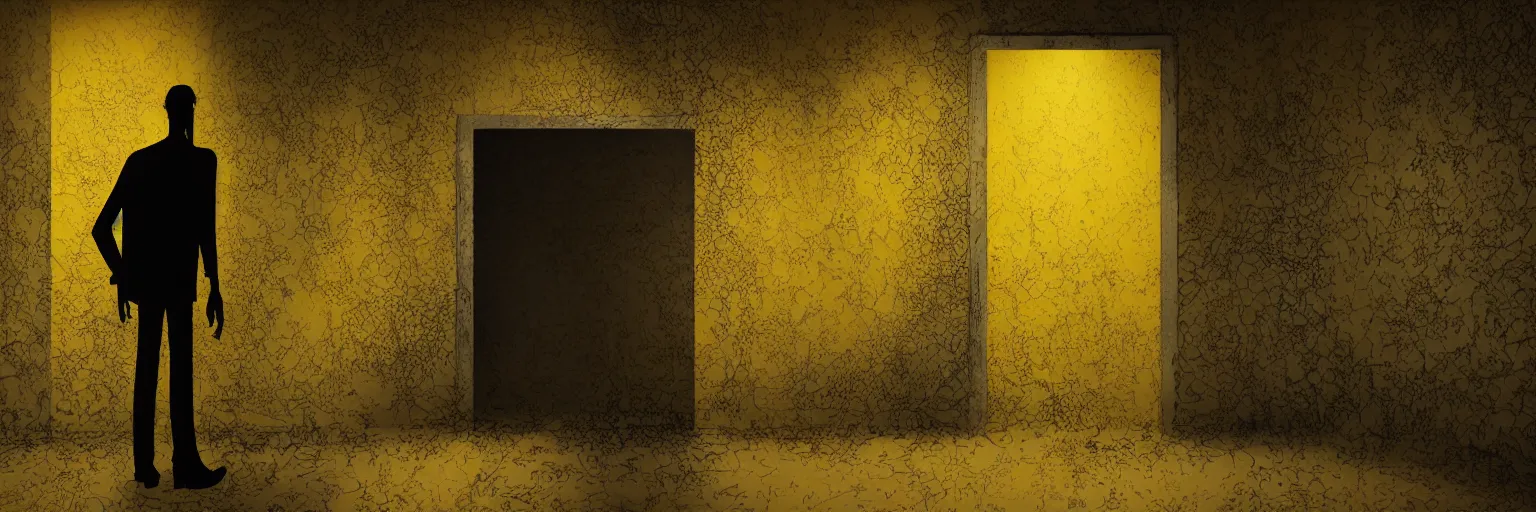 Image similar to a tall black skinny, intelligent and menacing monster is roaring from behind a wall in a cramped empty liminal office hallway with dull yellow wallpaper and old moist yellow carpet, tilted frame, intricate, fluorescent lighting lit from above, ultra 4k, intricate, realistic