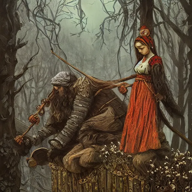 Image similar to slavic folk fairytale, story, fable, dramatic, fantasy art, an ultrafine detailed painting, academic art, ornate, inticate, elegant, sharp focus, artstation, by pavel korin, viktor vasnetsov