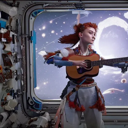 Image similar to aloy from the horizon zero dawn videogame playing the guitar in the international space station