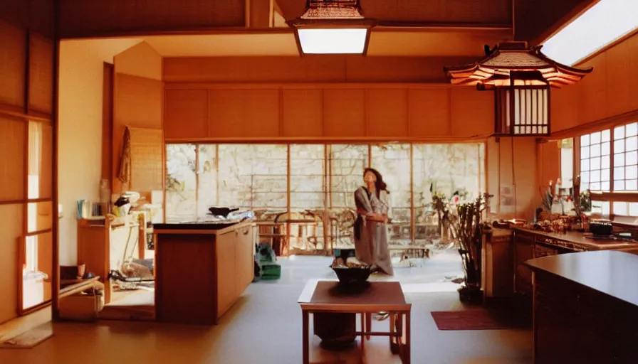 Prompt: 1 9 9 0 s candid 3 5 mm photo of a beautiful day in the family kitchen, cinematic lighting, a japanese pagoda temple bursts through the floor, a pagoda is in the living room, cinematic look, golden hour, uhd