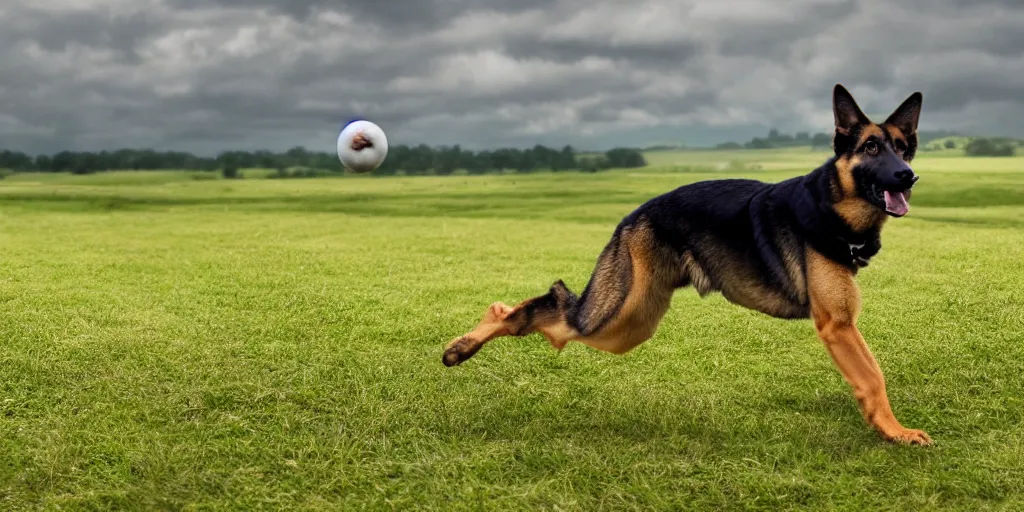 Prompt: German Shepherd jumping to catch a ball in green fields, cinematic lighting, wide angle landscape photography, hyperrealistic, 8k