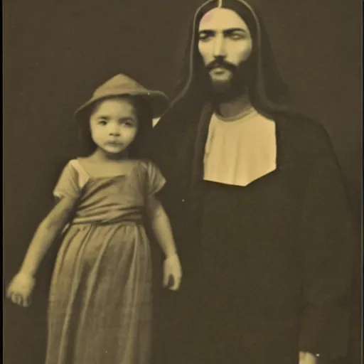 Image similar to old family photo of jesus christ with his brother lucario, hyperrealistic, vintage