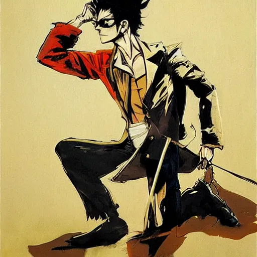 Image similar to corto maltese in jojo pose, oil on canvas by dave mckean and yoji shinkawa