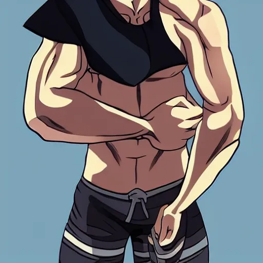Prompt: Benedict Cumberbatch with a very muscular body type, anime art, anime style