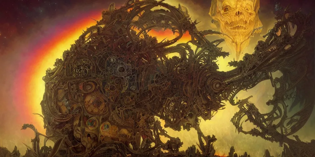 Image similar to gigantic demonic cosmic skull of death, outer space, fantasy painting, ultra realistic, dmt, symmetrical, wide angle, intricate details, digital painting, rainbowshift, vivid colors, highly detailed by peter mohrbacher, h. r. giger, maxfield parrish, alphonse mucha, craig mullins, octane render, cgi