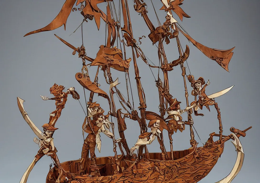 Image similar to a stylized cut paper sculpture of peter pan and captain hook sword fighting on a pirate ship