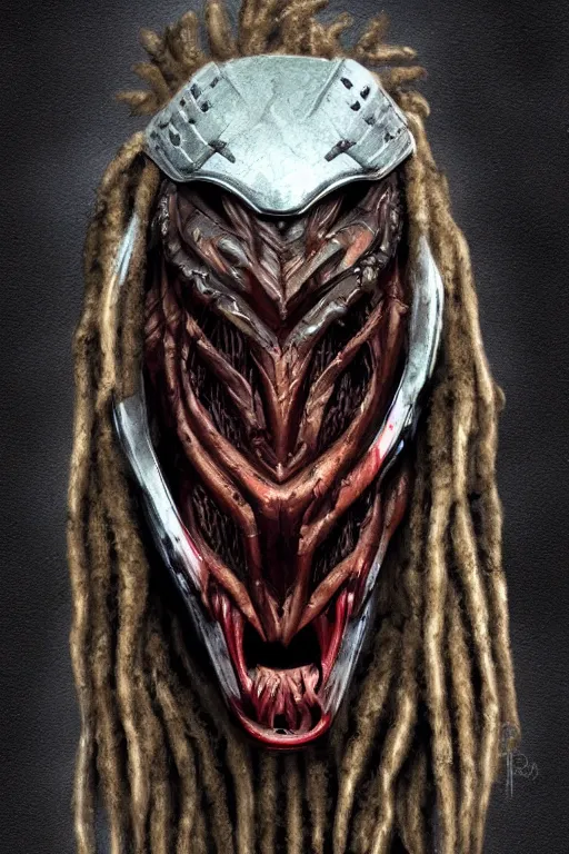 Image similar to predator 1 9 8 7 film mask redesign, portrait, highly detailed, dreadlocks, mandables, digital painting, trending on artstation, concept art, illustration