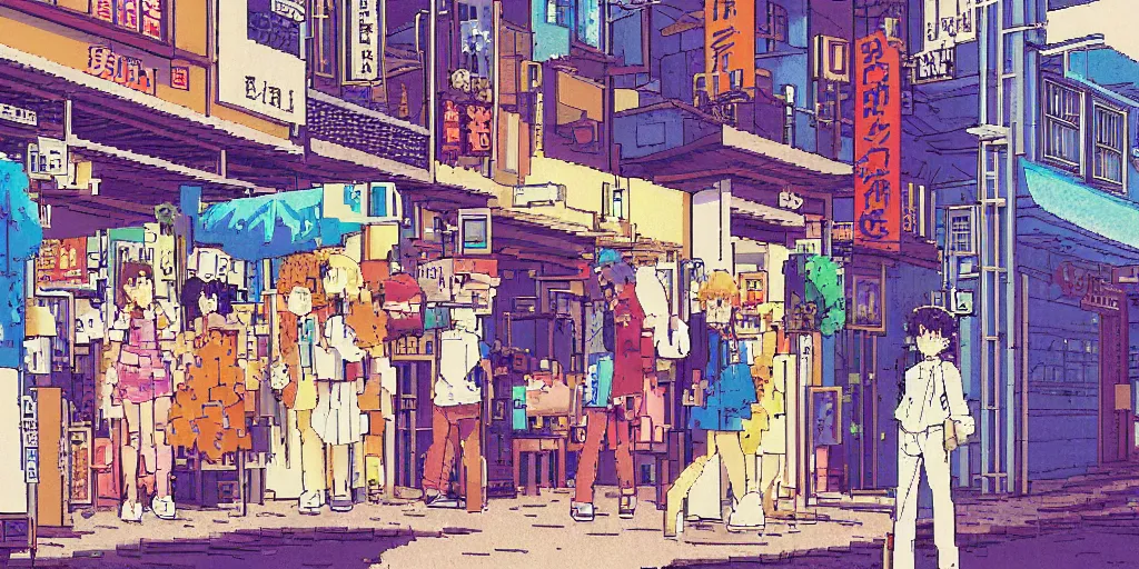 Image similar to golden gai alley, pixel art, sprite, vaporwave nostalgia, directed by beat takeshi, visual novel cg, 8 0 s anime vibe, kimagure orange road, maison ikkoku, sketch by osamu tezuka, directed by makoto shinkai and beat takeshi