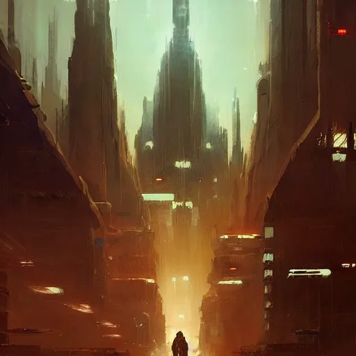Image similar to star wars concept art by greg rutkowski, a huge metropolis with sharp and elegant buildings, it is night and it feels busy, the buildings are bright, dark and reddish night sky, cinematic lighting, oppressive atmosphere.