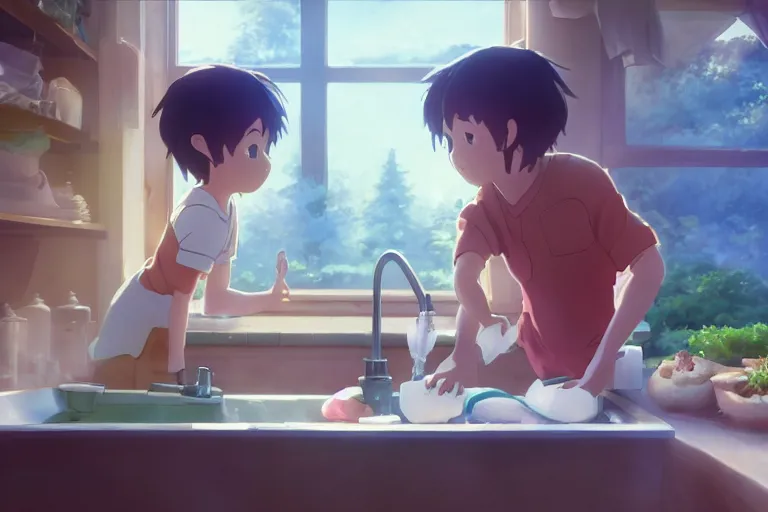 Image similar to a wholesome animation key shot of a boy and his sister washing dishes, medium shot, waist up, studio ghibli, pixar and disney animation, sharp, rendered in unreal engine 5, anime key art by greg rutkowski, bloom, dramatic lighting