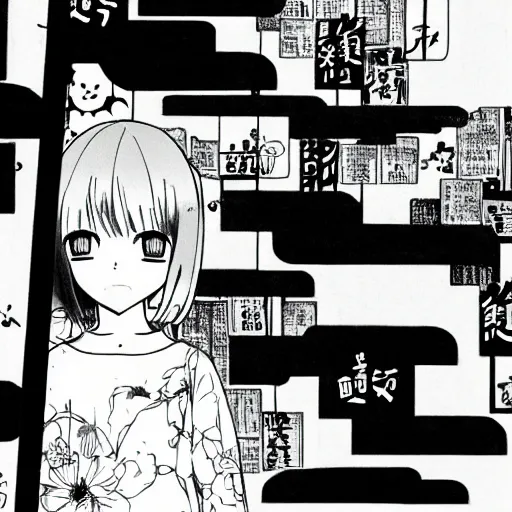 Image similar to a manga vignette with a japanese urban geometrical landscape, black and white, in style of inio asano