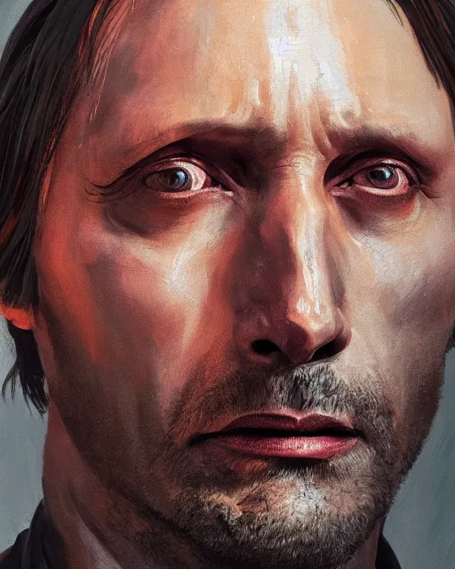 Image similar to mads mikkelson as clifford unger from death stranding, mysterious portrait, oil painting, orange fill light