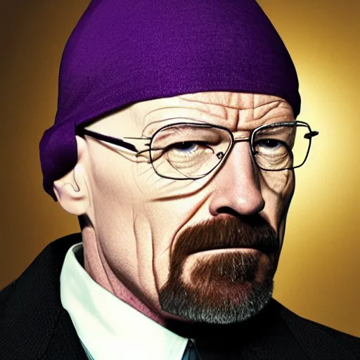 Image similar to walter white using a purple durag looking fresh