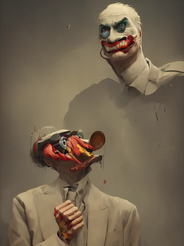 Prompt: a portrait of an questioning joker in a painting from stalenhag, 4 k, 8 k, hdr, artstation, concept art