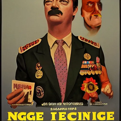 Prompt: detailed movie poster from the 7 0 s of nigel farage as a general with a moustache