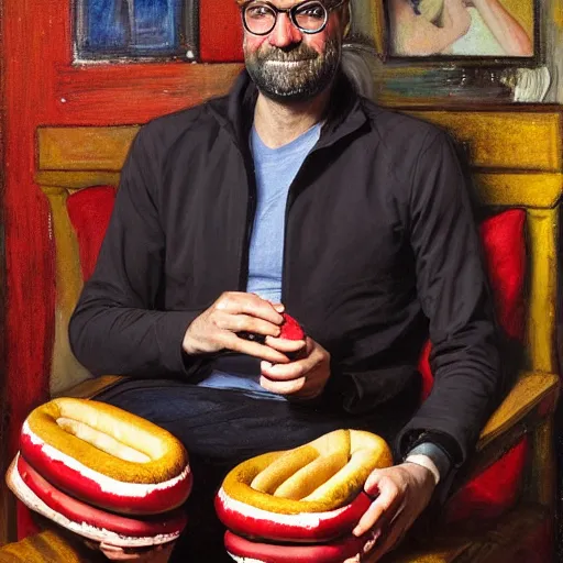 Prompt: jurgen klopp holding hot dogs, portrait by john william waterhouse and edwin longsden long and theodore ralli and nasreddine dinet, oil on canvas. cinematic, vivid colors, hyper realism, realistic proportions, dramatic lighting, high detail 4 k