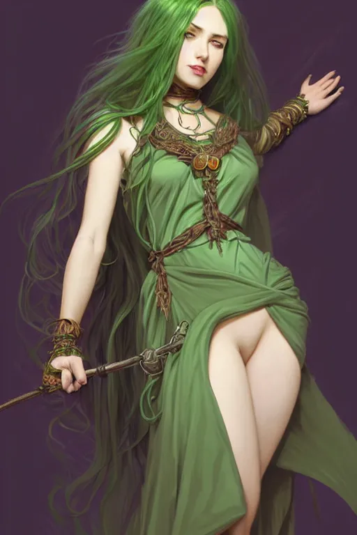 Prompt: Portrait of seductive female druid, D&D, revealing green stylish dress, choker on neck, very long flowing hair, mouth slightly open, cute slightly nerdy smile, fantasy, intricate, elegant, stylish, highly detailed, digital painting, artstation, concept art, smooth, sharp focus, illustration, art by artgerm and greg rutkowski and alphonse mucha