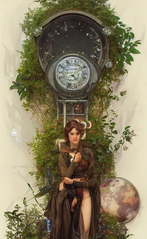 Image similar to hyper realistic time machine schematics, cyberpunk, design on white background, beautiful details, lush foliage, drawn by john singer sargent, tom bagshaw, norman rockwell, alphonso mucha, lolish, trending on artstation