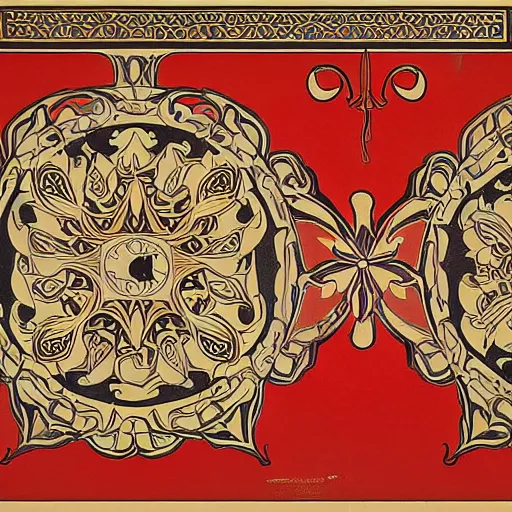 Image similar to symmetrical mural painting from the early 1 9 0 0 s in the style of art nouveau, red curtains, art nouveau design elements, art nouveau ornament, scrolls, flowers, flower petals, rose, opera house architectural elements, mucha, masonic symbols, masonic lodge, joseph maria olbrich, simple, iconic, masonic art, masterpiece