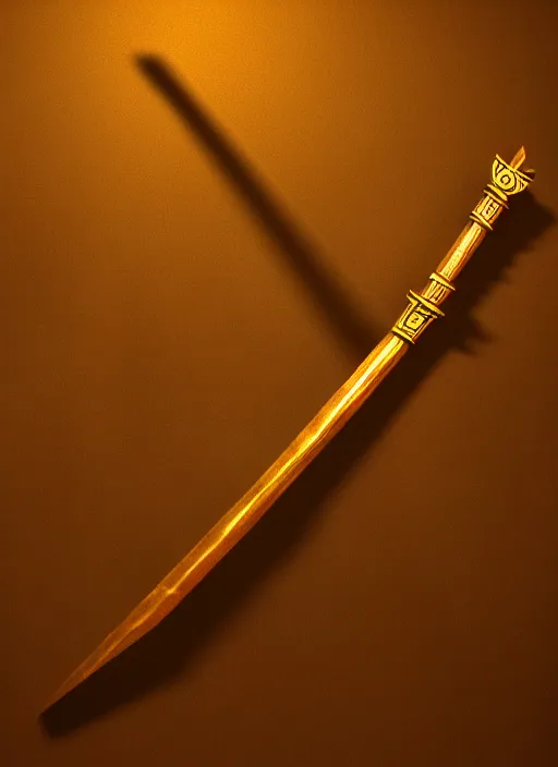 Image similar to rpg item render, a single egyptian wood staff made of gold, ancient symbols, bright, Unreal 5, DAZ, hyperrealistic, octane render, dynamic lighting