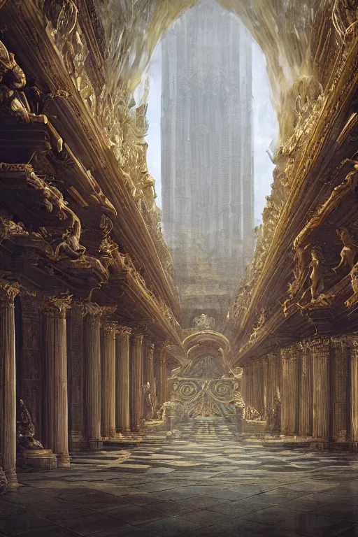Image similar to gigantic palace Throne room, adorned pillars, towers, landscape, alex ross, neal Adams, david finch, concept art, matte painting, highly detailed, rule of thirds, dynamic lighting, cinematic, detailed, denoised, centerd