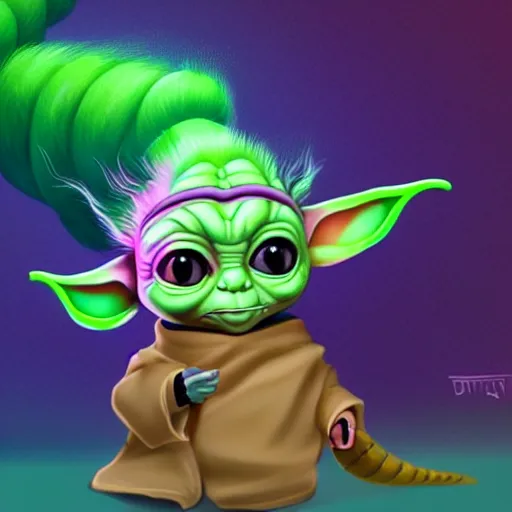 Image similar to digital illustion of grogu with a long furry snake tail, colorful, baby yoda, deviantArt, artstation, artstation hq, hd, 4k resolution