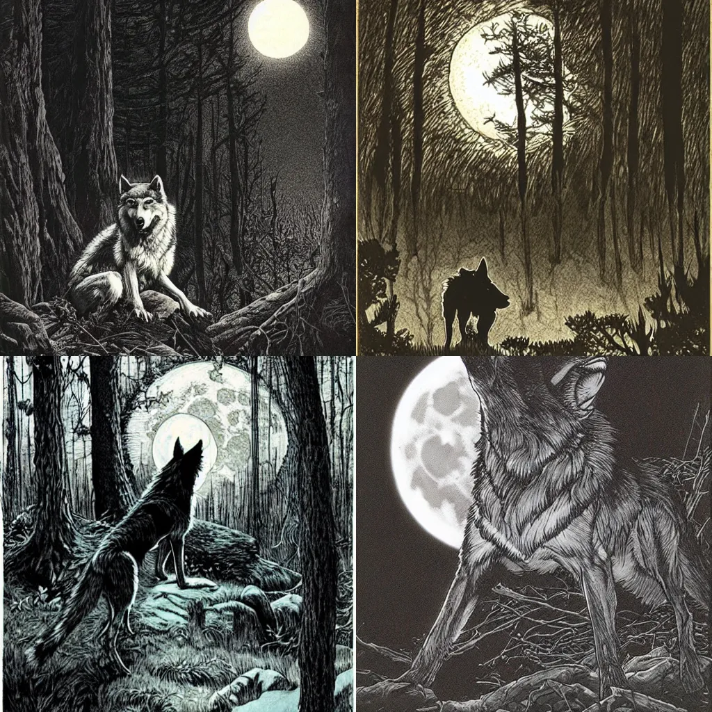 Prompt: a wolf in the forest at night watches the moon, Bernie Wrightson