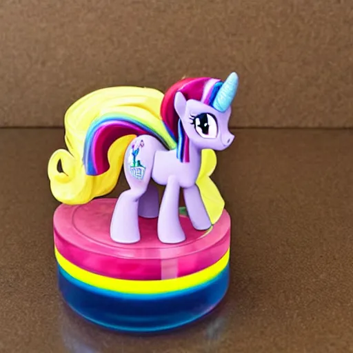 Image similar to a my little pony figure in a jar covered in a mysterious sticky yellowish fluid