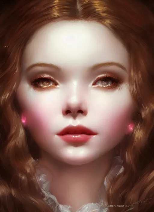 Image similar to of dark fantasy, young beautiful Belle Delphine, close up face portrait, medium shot, intricate, elegant, warm light, highly detailed, digital painting, volumetric light, artstation, concept art, smooth, sharp focus, illustration, art by Gil Elvgren and Adolf Wölfli and bruce pennington