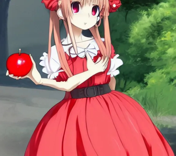 Image similar to a cute girl wearing a lolita dress, she is walking in a busy street, she is holding a red apple, anime art, hd, smooth