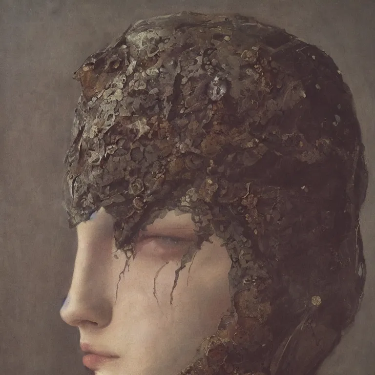 Image similar to The waist-high portrait of beautiful woman with closed eyes in steel full-face occult mask by Ilya Repin, William Blake, Michelangelo da Caravaggio and Beksinski, highly detailed oil painting, trending by artstation, fantasy character, 4k, masterpiece