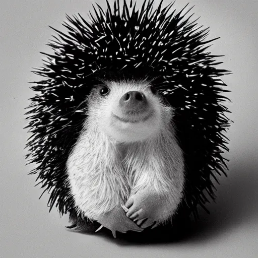 Image similar to Portrait of someone being half human, half potato, half hedgehog, photograph by Annie Lebowitz, very detailed, black and white, 35mm