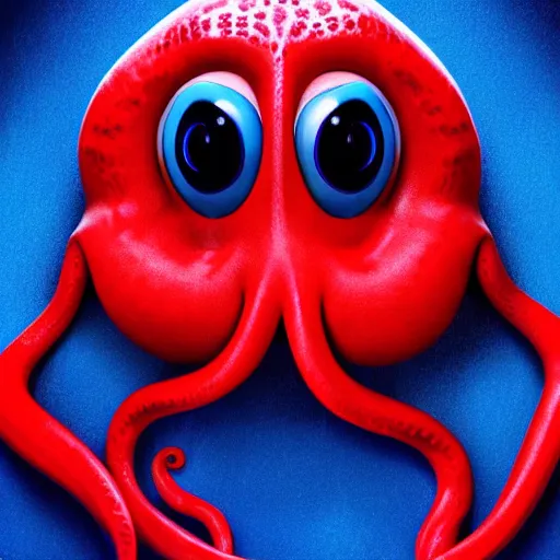 Image similar to portrait of red octopus, sly, cunning, blue background, pixar style animation 3d extremely gloomy lighting, atmospheric, cinematic, detailed illustration unreal Engine, 8K