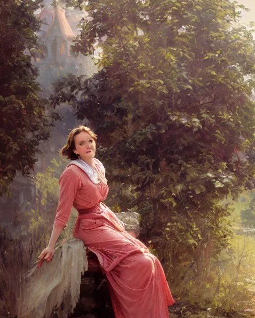 Prompt: a portrait painting of rachel lane / sabrina lloyd / perdita weeks / rachel mcadams / nicole de boer hybrid oil painting, gentle expression, smiling, elegant clothing, scenic background, extremely detailed and lifelike, artgerm, greg rutkowski, alphonse mucha, vladimir volegov, adolphe bouguereaum, jason edmiston