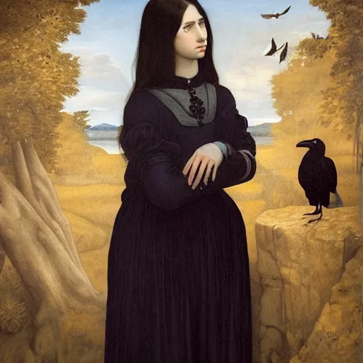 Image similar to full body portrait of a dark haired girl, long hair, pale beautiful gentle face, blue eyes, intricate goth dress, among ravens, highly detailed, deep focus, elegant, digital painting, smooth, sharp focus, golden ratio, illustration, ultra realistic, 8 k, art by artemisia lomi gentileschi and caravaggio