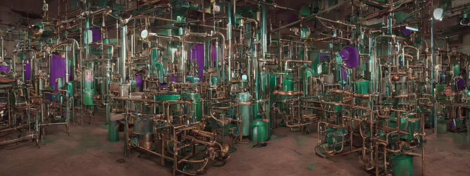 Image similar to oily apparatus for making snake oil, huge copper machine with purple and green snakelike pipework, barrels of snake oil in a disorganized factory in taiwan in 1 9 9 2 production line, golden hour lighting, film still from the uncle aloysius family medicine depot movie 3 d, 8 k, cinematic lighting