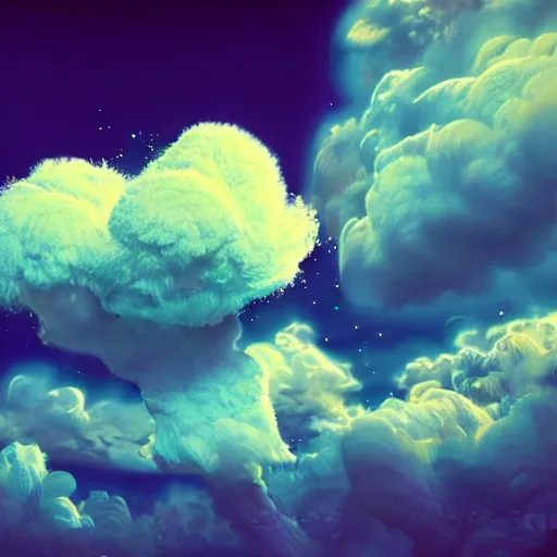 Image similar to a fluffy cloud in new style of painting combining surrealism and psychedelia with 3D octane render and unreal engine, trending on artstation, 8k