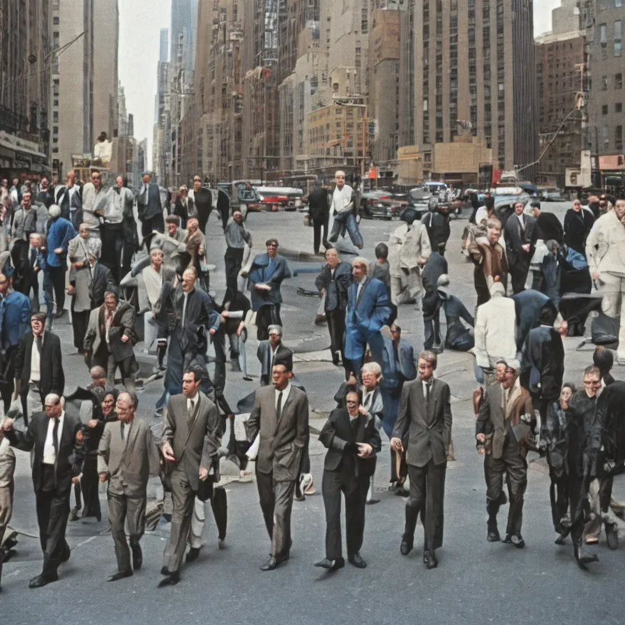 Image similar to a group of men walking down a street next to tall buildings in new york, ultra detailed hyper realistic lifelike, photographed on colour film, 1 9 6 0 s, photo taken with ektachrome, featured on flickr, film grain