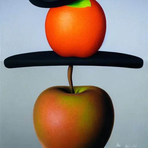 Image similar to a magritte painting masterpiece exposed in Paris : an apple talking to an orange on black hat, This 4K HD image is Trending on Artstation, featured on Behance, well-rendered, extra crisp