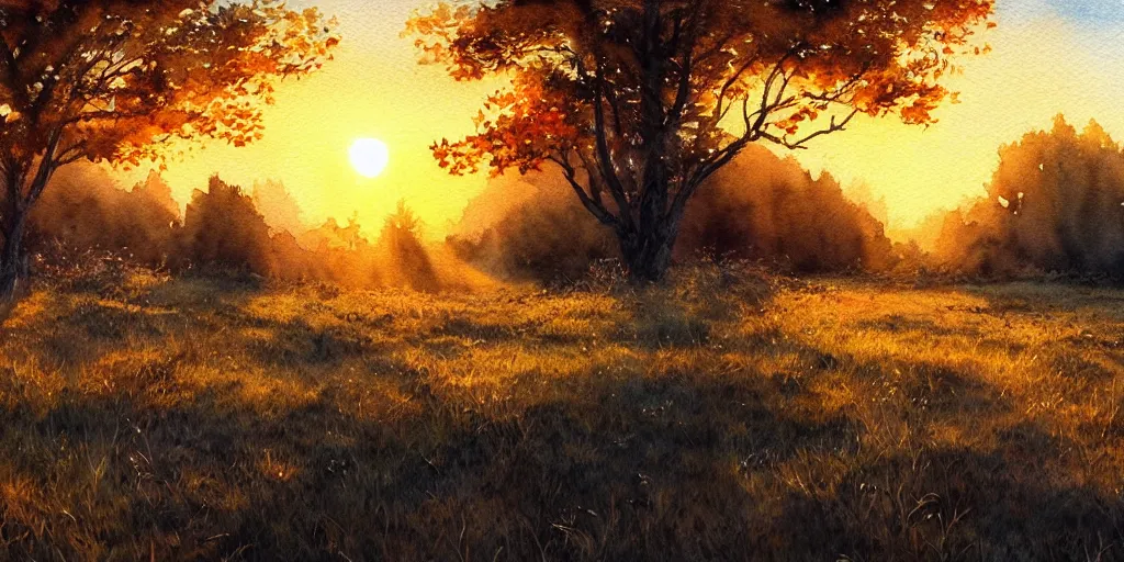 Image similar to golden hour nature landscape, watercolor, ultra realistic, highly detailed, hd, sharp focus, cinematic lighting, warm colors, realistic, photorealistic, vivid colors, painting, digital art, non blurry, sharp, artstation, smooth, illustration