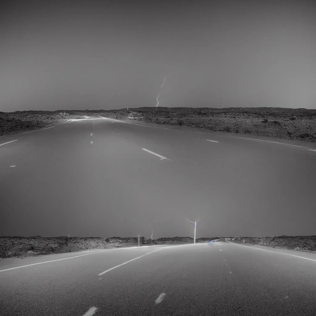 Image similar to road at night desert distant flash of lightning cinematic still