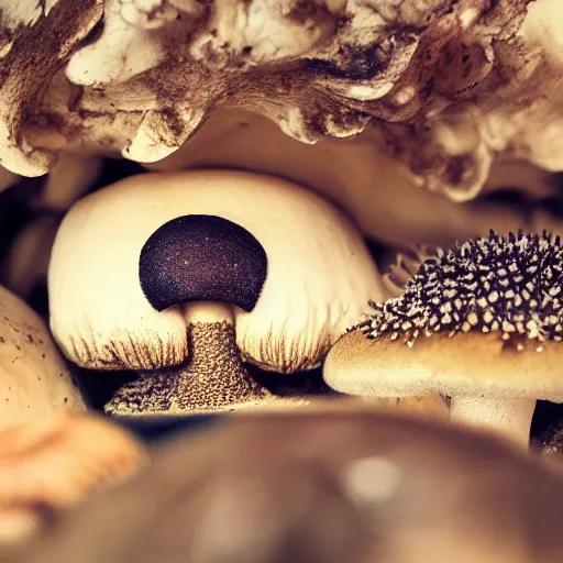 Image similar to macro photo with a mushroom character with cute eyes, very close to real nature, natural colors and natural surroundings, painted patterns and coloring on mushrooms, 8K, highly detailed